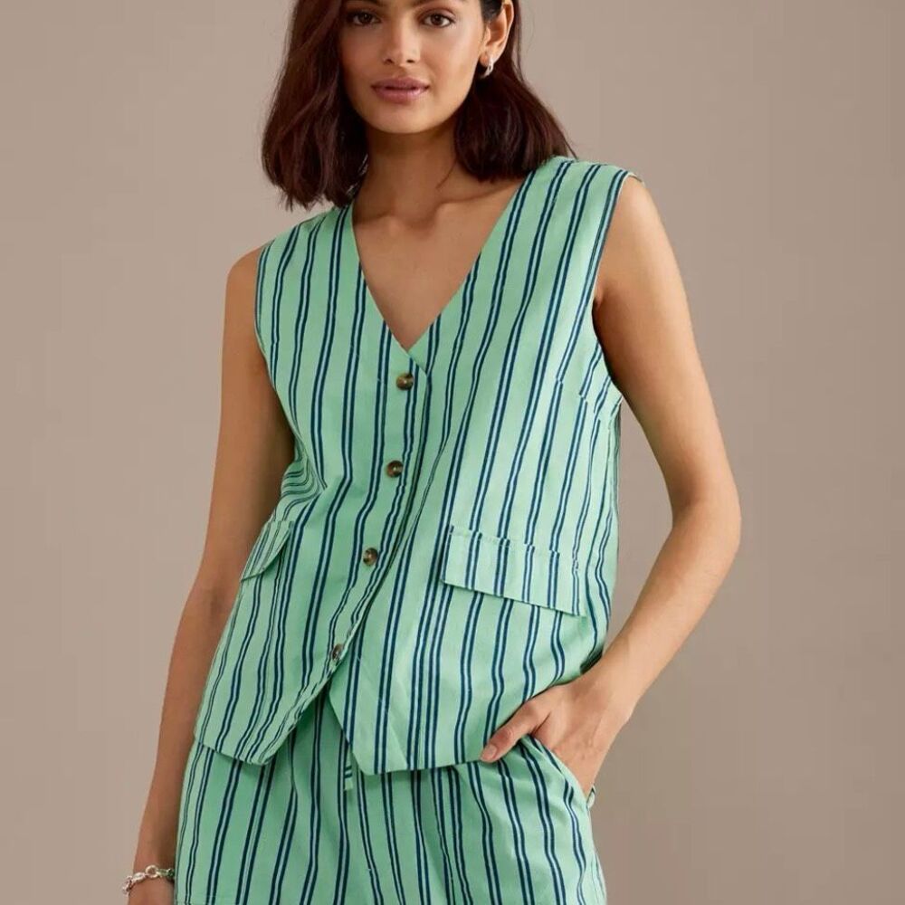 Damson Madder Anthro Green Striped Coco Waistcoat Vest 14 Women